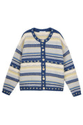 Women Round Neck Elegant Stripe Pattern Button Closure Winter Warm Cardigan