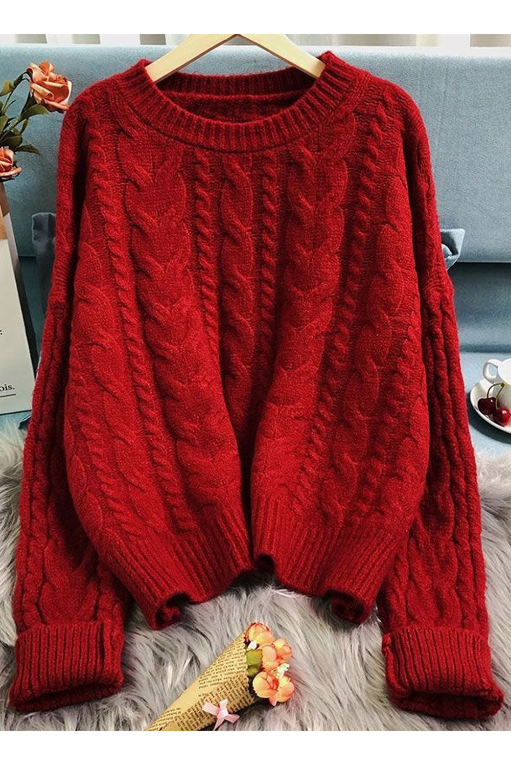 Women Lovely Knitted Long Sleeve Round Neck Warm Winter Sweater