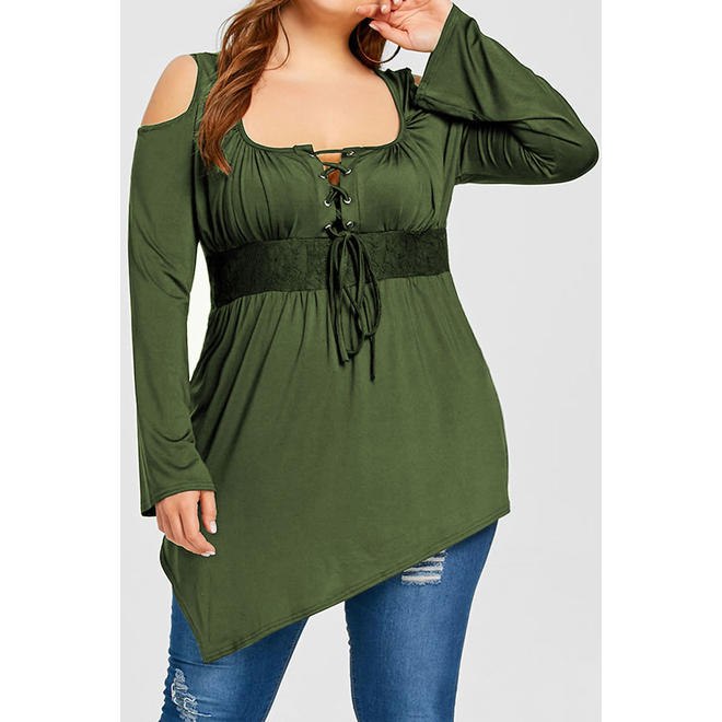 Women Long Sleeve Cut Off Shoulder Irregular Top