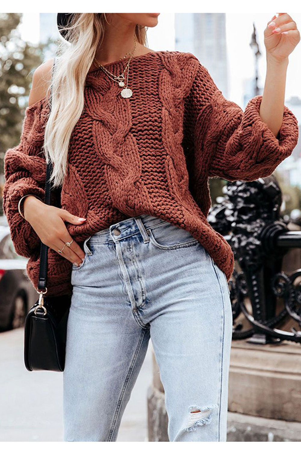 Women Fancy Asymmetric Neck Bishop Sleeve Style Superb Knitted Winter Sweater
