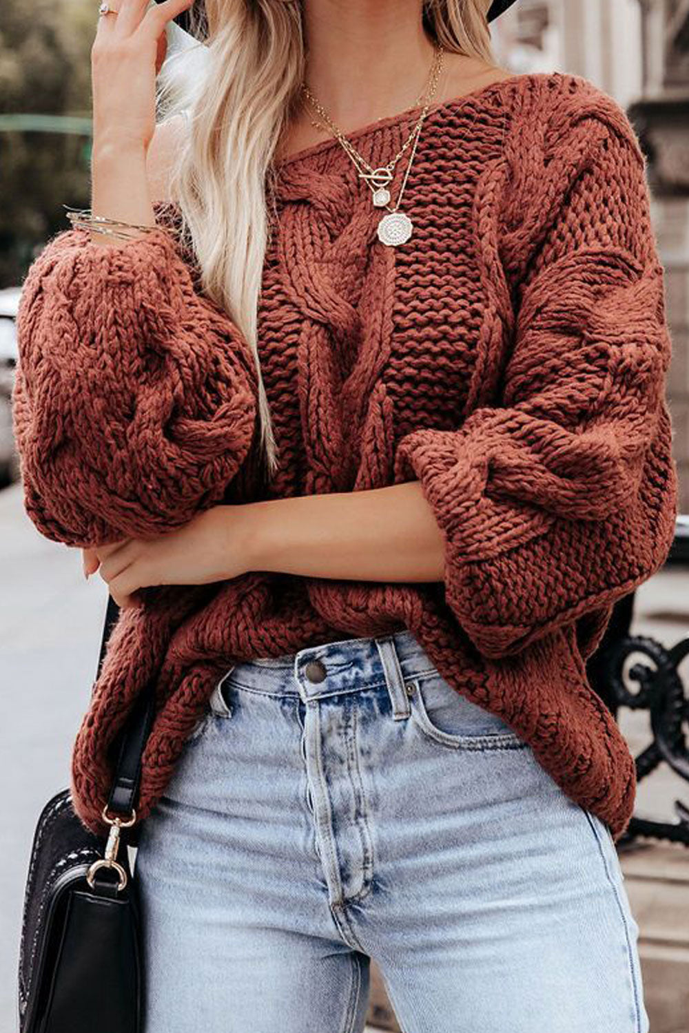 Women Fancy Asymmetric Neck Bishop Sleeve Style Superb Knitted Winter Sweater