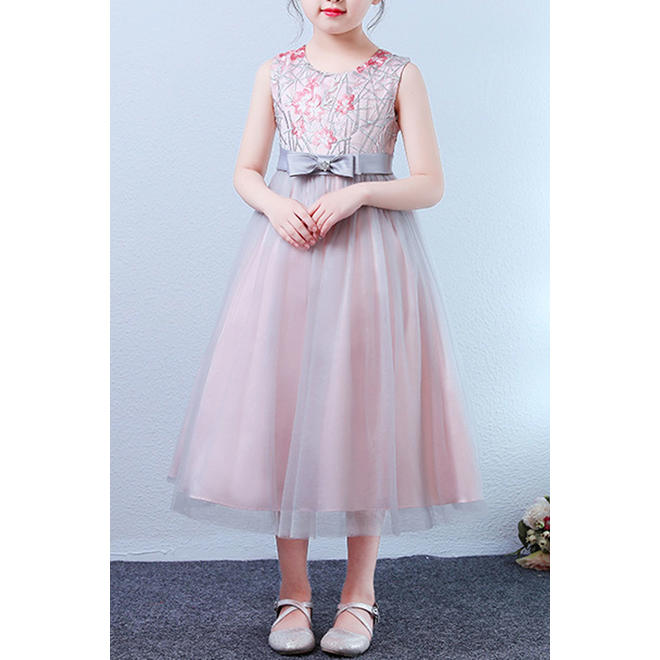 Kids Baby Girls Round Neck Waist Bow Party Dress