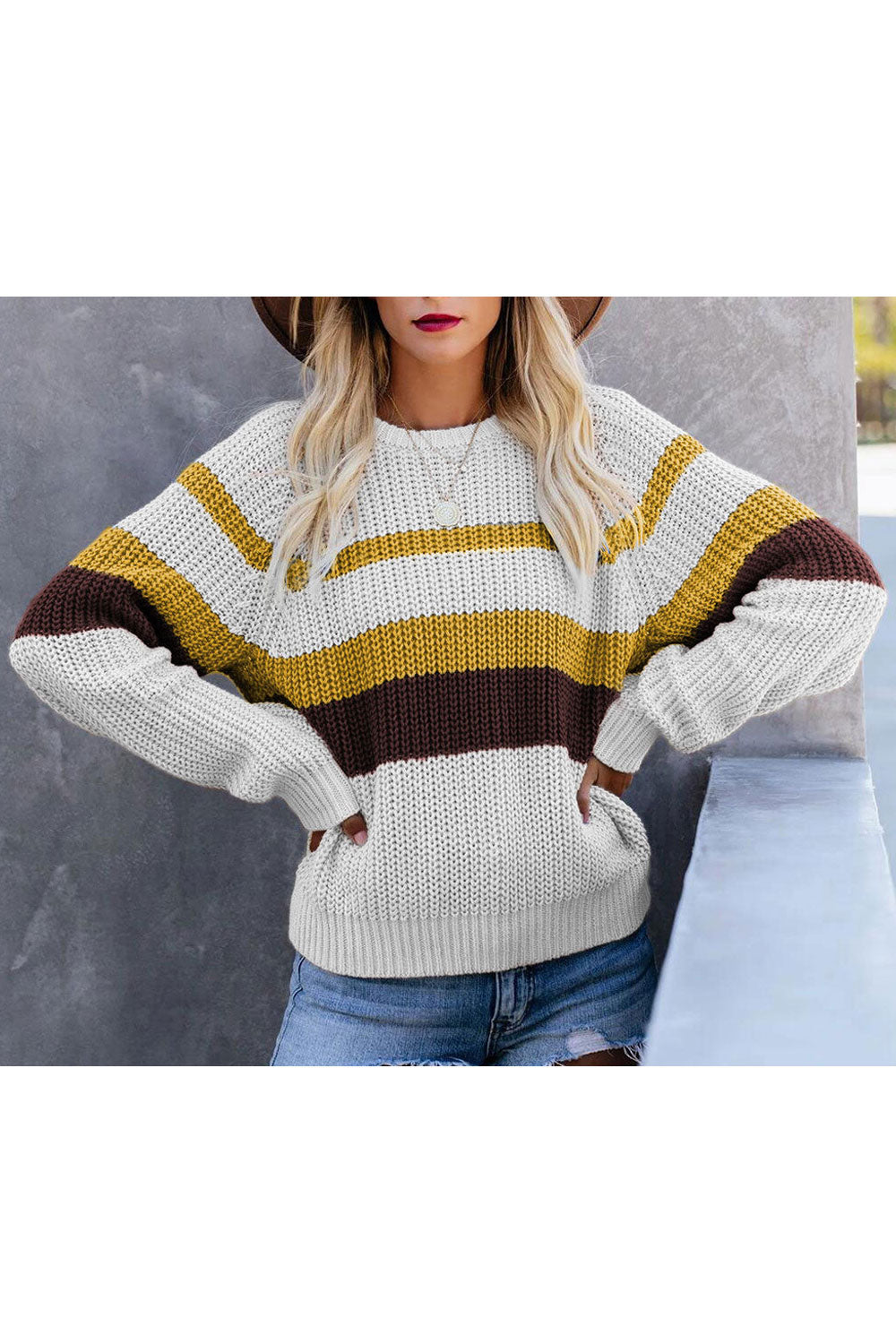 Women Splendid Warm & Comfy Long Sleeve Round Neck Stripe Pattern Winter Sweater