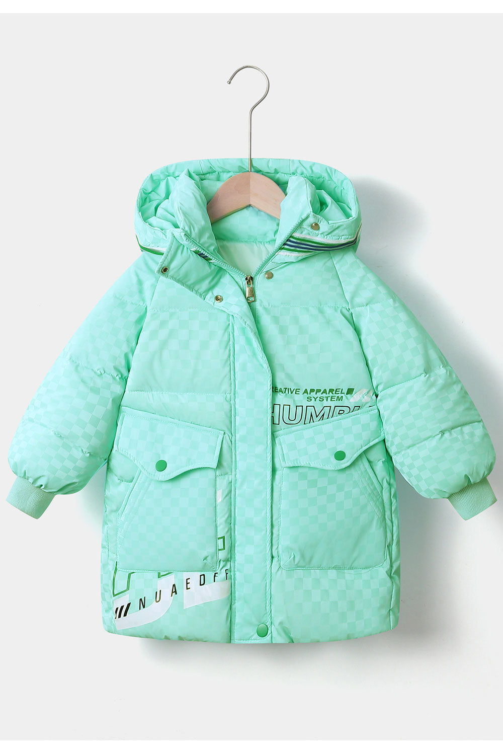 Kids Girls Lovely Lattice & Letter Pattern Hooded Neck Flap Pockets Thick Winter Padded Jacket