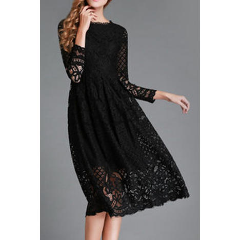 Women Round Neck Lace Long Sleeves Decorated Dress