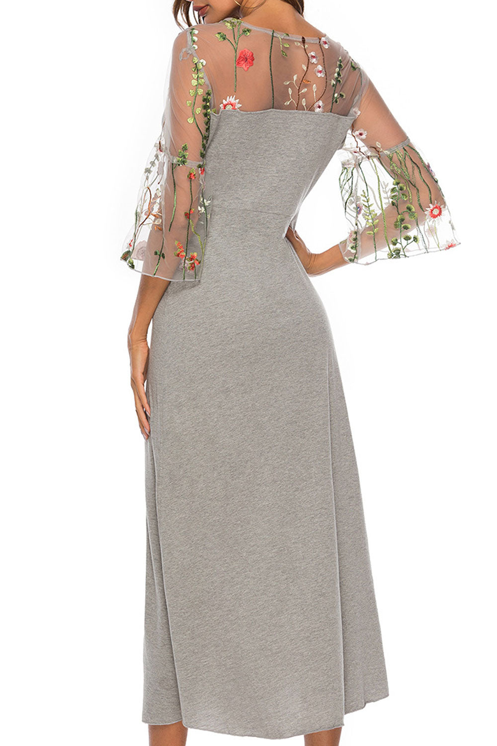 Women Trumpet Sleeve Long Skirt Embroided Dress