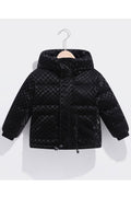 Kids Girls Comfy Lattice Pattern Drawstring Waist Useful Pockets Hooded Neck Winter Padded Jacket