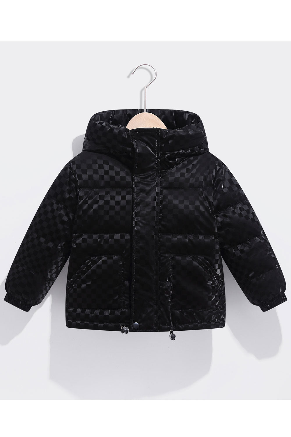 Kids Girls Comfy Lattice Pattern Drawstring Waist Useful Pockets Hooded Neck Winter Padded Jacket