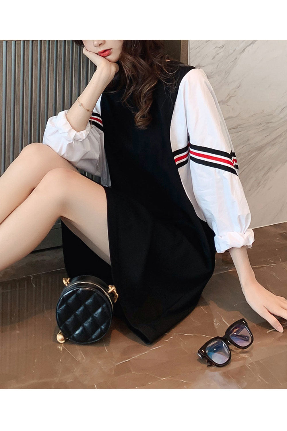 Women Comfy Long Sleeve Round Neck T-Shirt Style Mid-Length Loose Fit Casual Dress