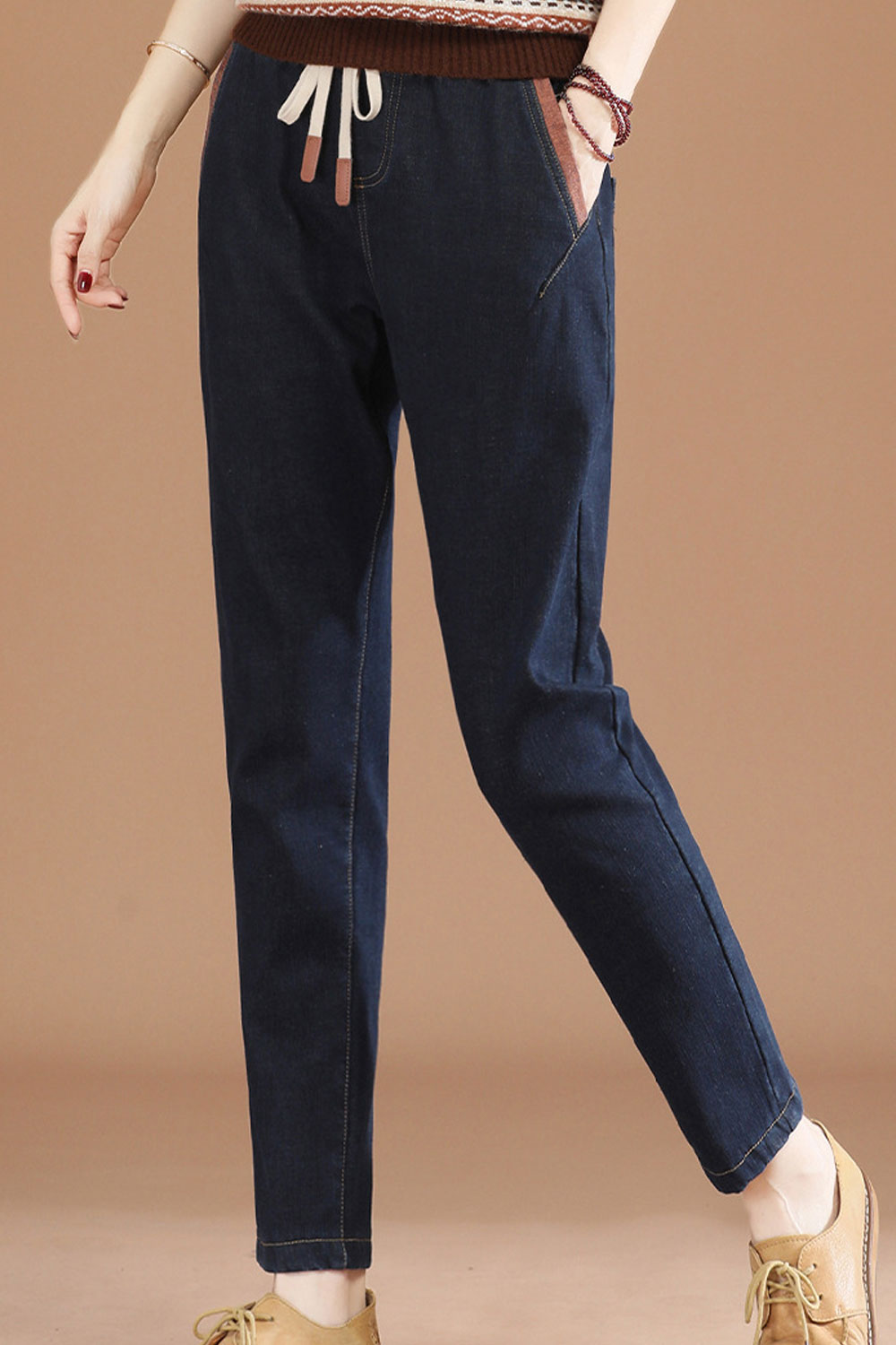 Women Delightful Solid Colored Elasticated Drawstring Waist Pockets Styled Straight Denim Jeans