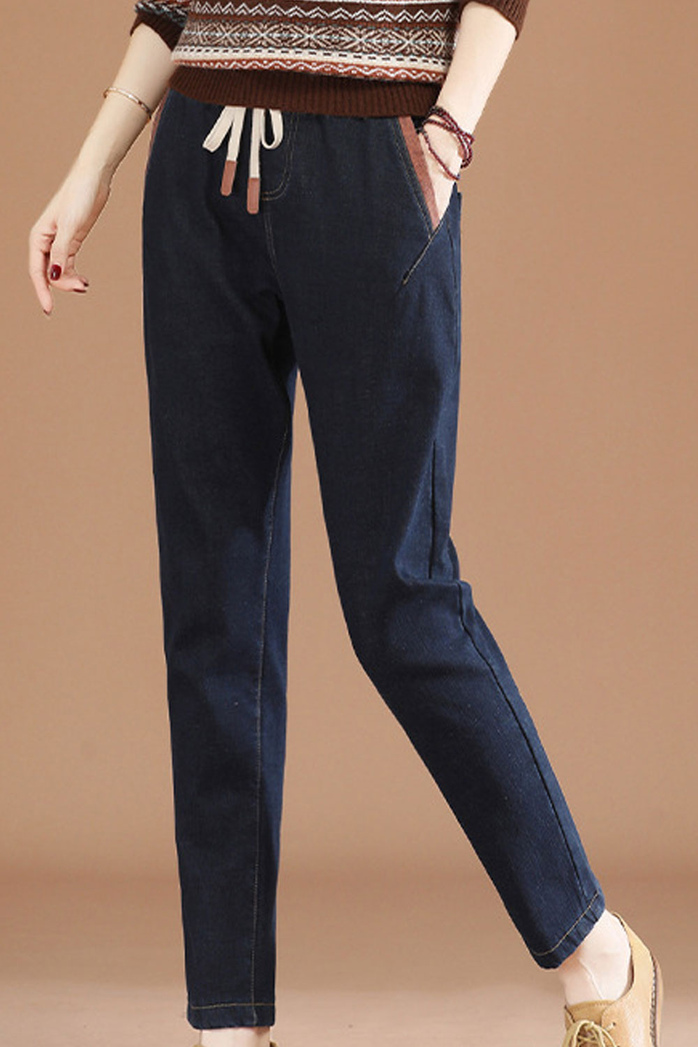 Women Delightful Solid Colored Elasticated Drawstring Waist Pockets Styled Straight Denim Jeans