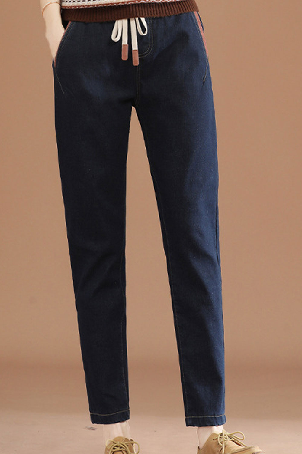 Women Delightful Solid Colored Elasticated Drawstring Waist Pockets Styled Straight Denim Jeans