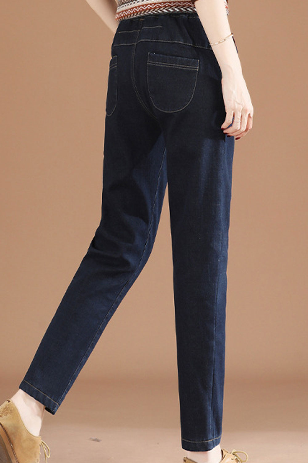 Women Delightful Solid Colored Elasticated Drawstring Waist Pockets Styled Straight Denim Jeans