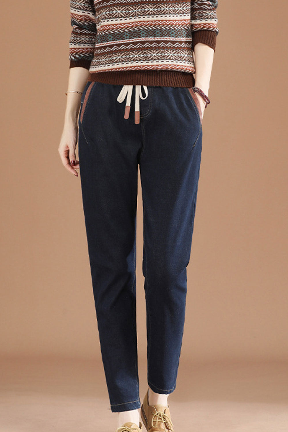 Women Delightful Solid Colored Elasticated Drawstring Waist Pockets Styled Straight Denim Jeans
