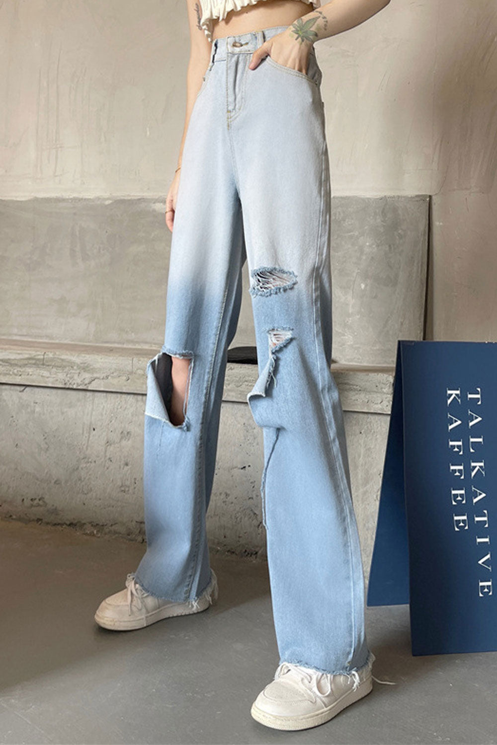 Women Alluring Solid Colored Pockets Designed Restful High-Waist Summer Casual Damaged Denim Jeans