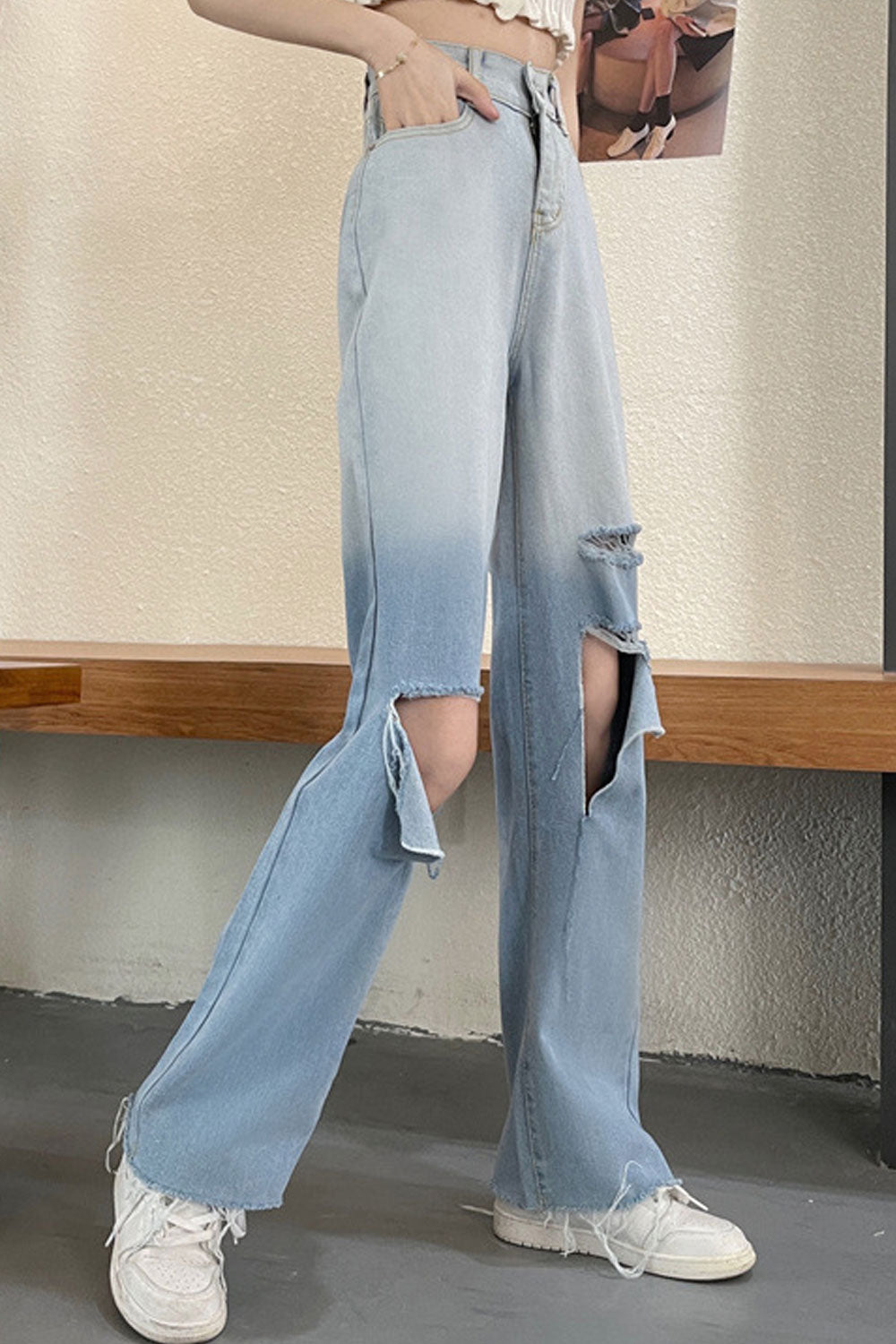 Women Alluring Solid Colored Pockets Designed Restful High-Waist Summer Casual Damaged Denim Jeans