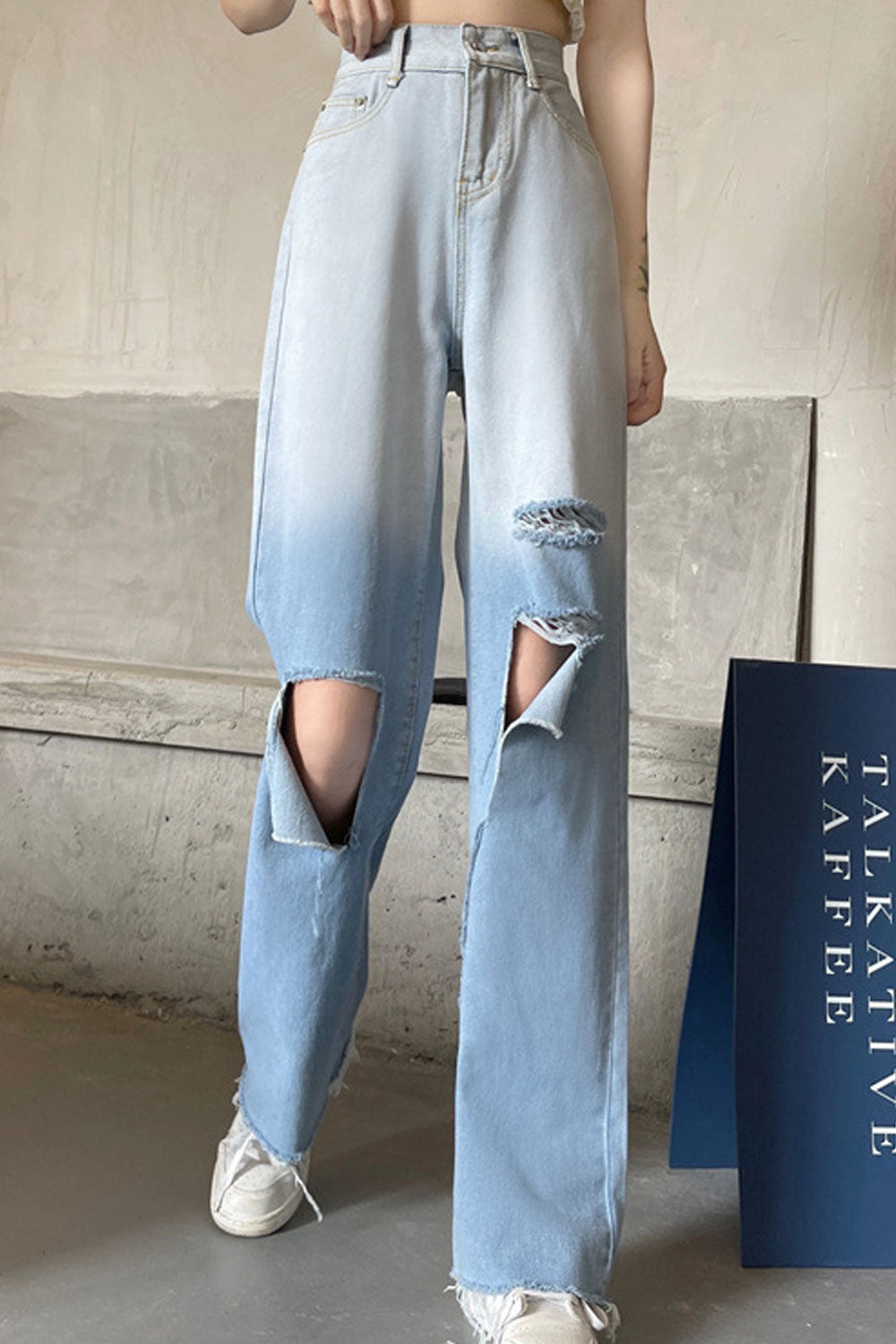 Women Alluring Solid Colored Pockets Designed Restful High-Waist Summer Casual Damaged Denim Jeans