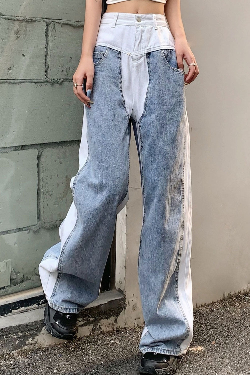 Women Casual Denim High-Waist Lovely Solid Colored Restful Wide-Legs Fashionable Jeans