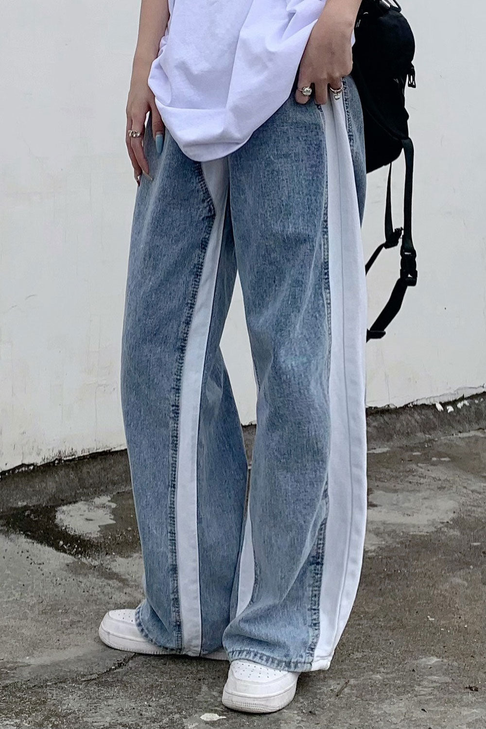 Women Casual Denim High-Waist Lovely Solid Colored Restful Wide-Legs Fashionable Jeans