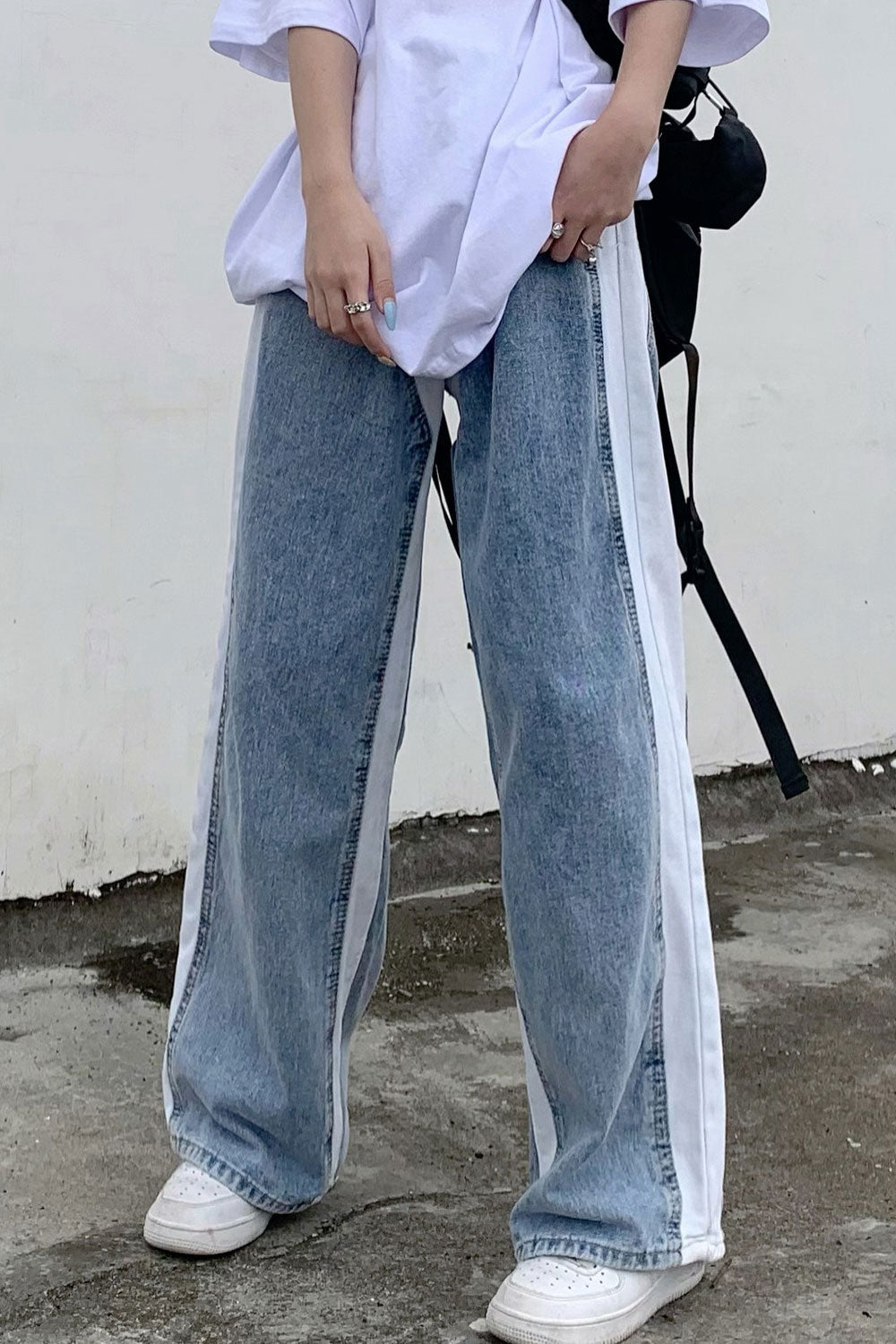 Women Casual Denim High-Waist Lovely Solid Colored Restful Wide-Legs Fashionable Jeans
