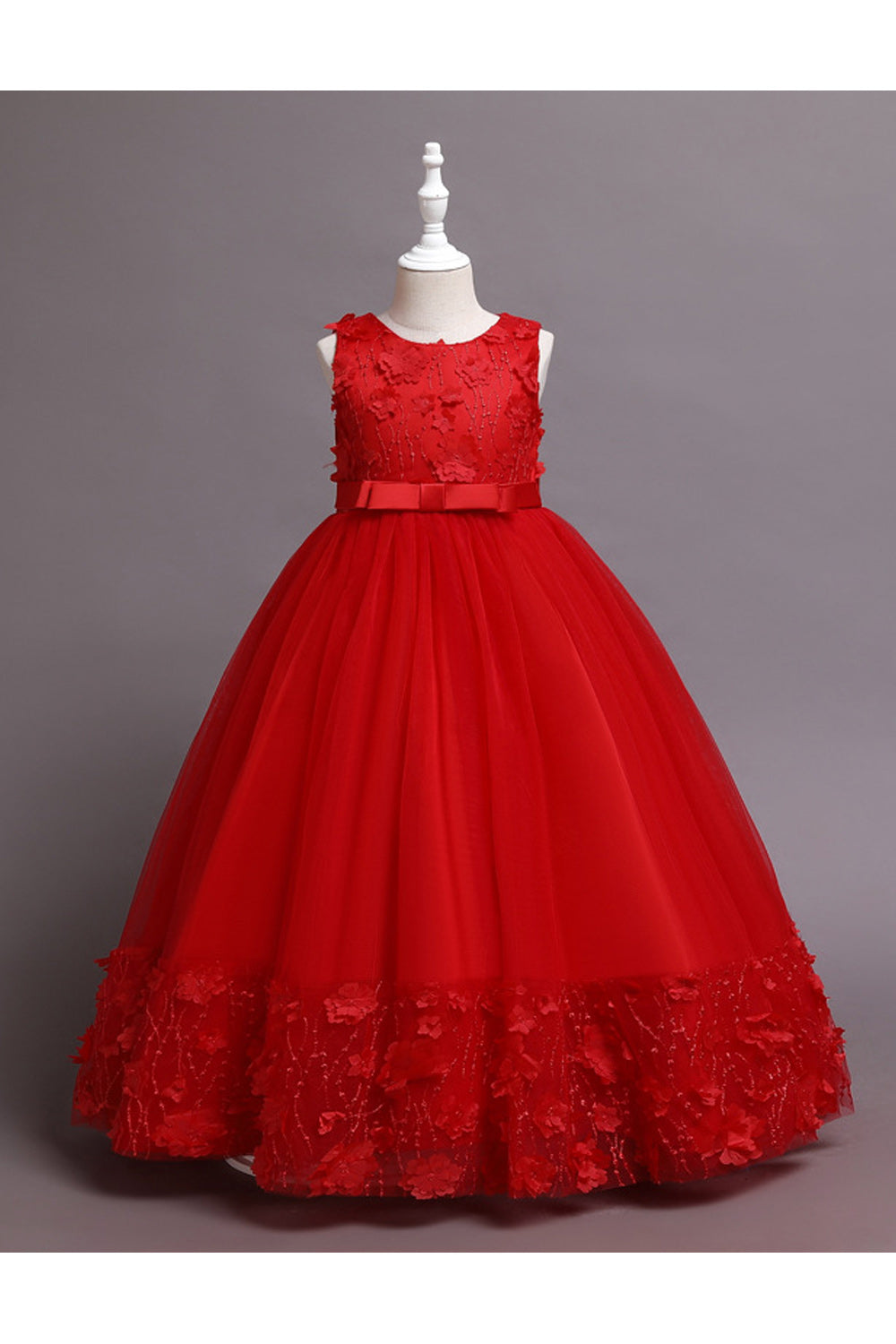 Kids Girls Elegent Lace Pattern Restful Round Neck Big Bow Ball Gown Fancy Dress