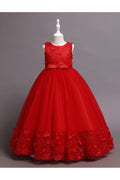 Kids Girls Elegent Lace Pattern Restful Round Neck Big Bow Ball Gown Fancy Dress