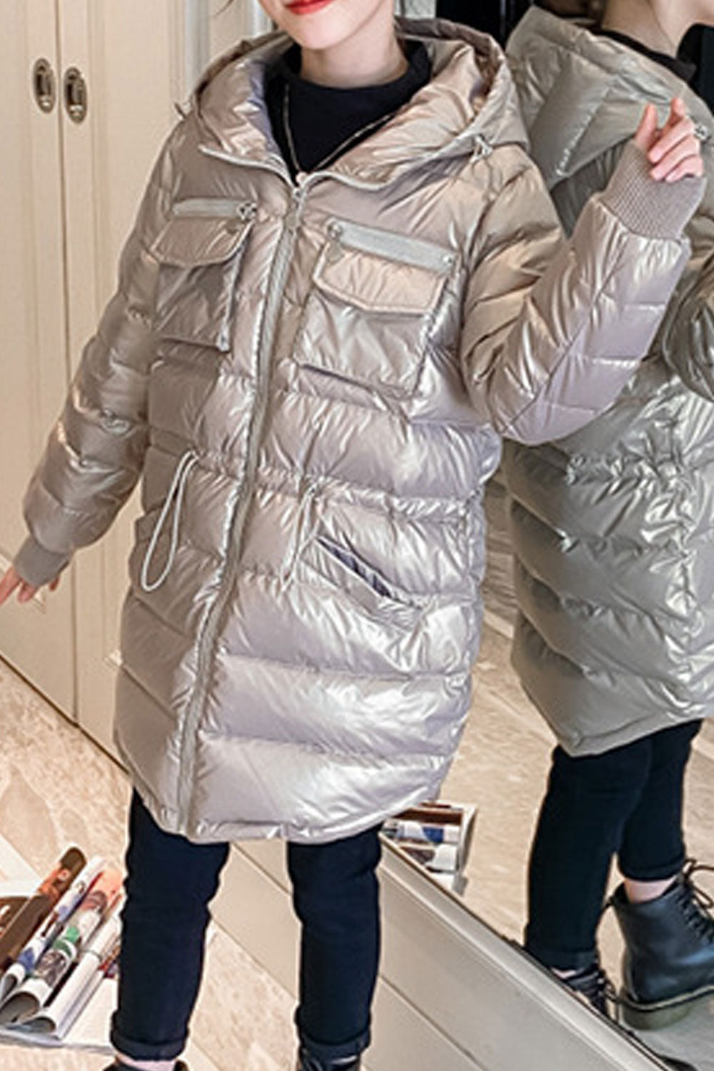 Kids Girls Shiny Print Chest Pockets Jacket