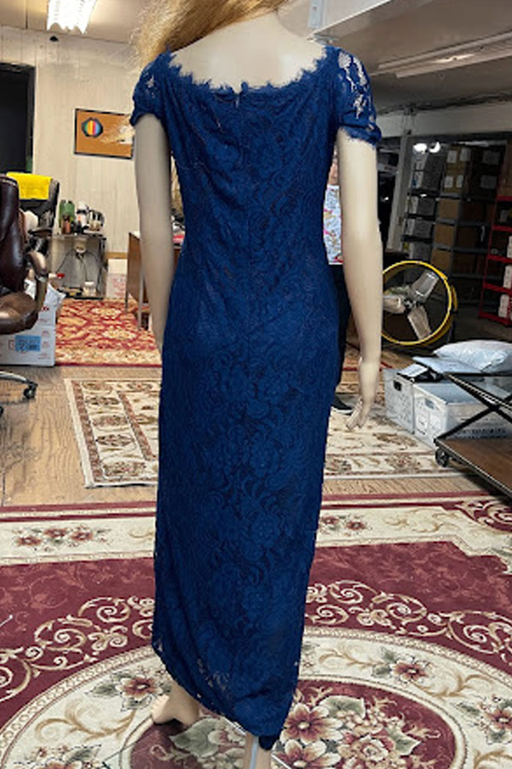Women Spectacular Lace Decorated Square Neck Short Sleeve Evening Party A-Line Dress