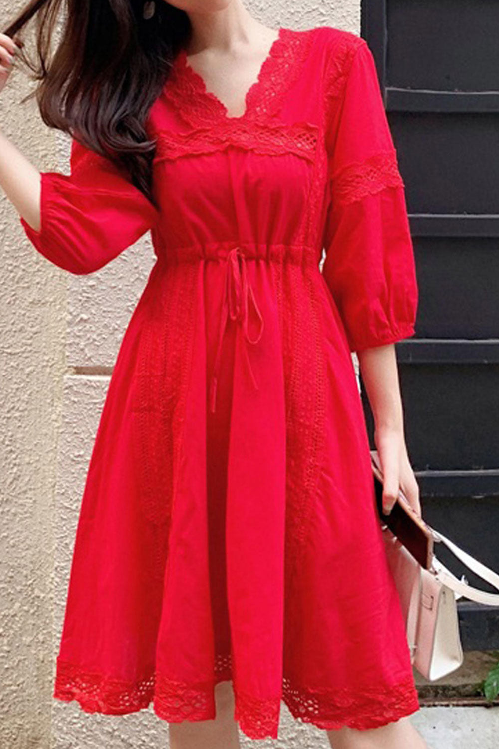 Zumeet Women V-Neck Lace Decoration Relaxing Summer Dress