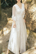 Women Pretty Lace Decorated V-Neck Long Length A-Line Party Evening Dress