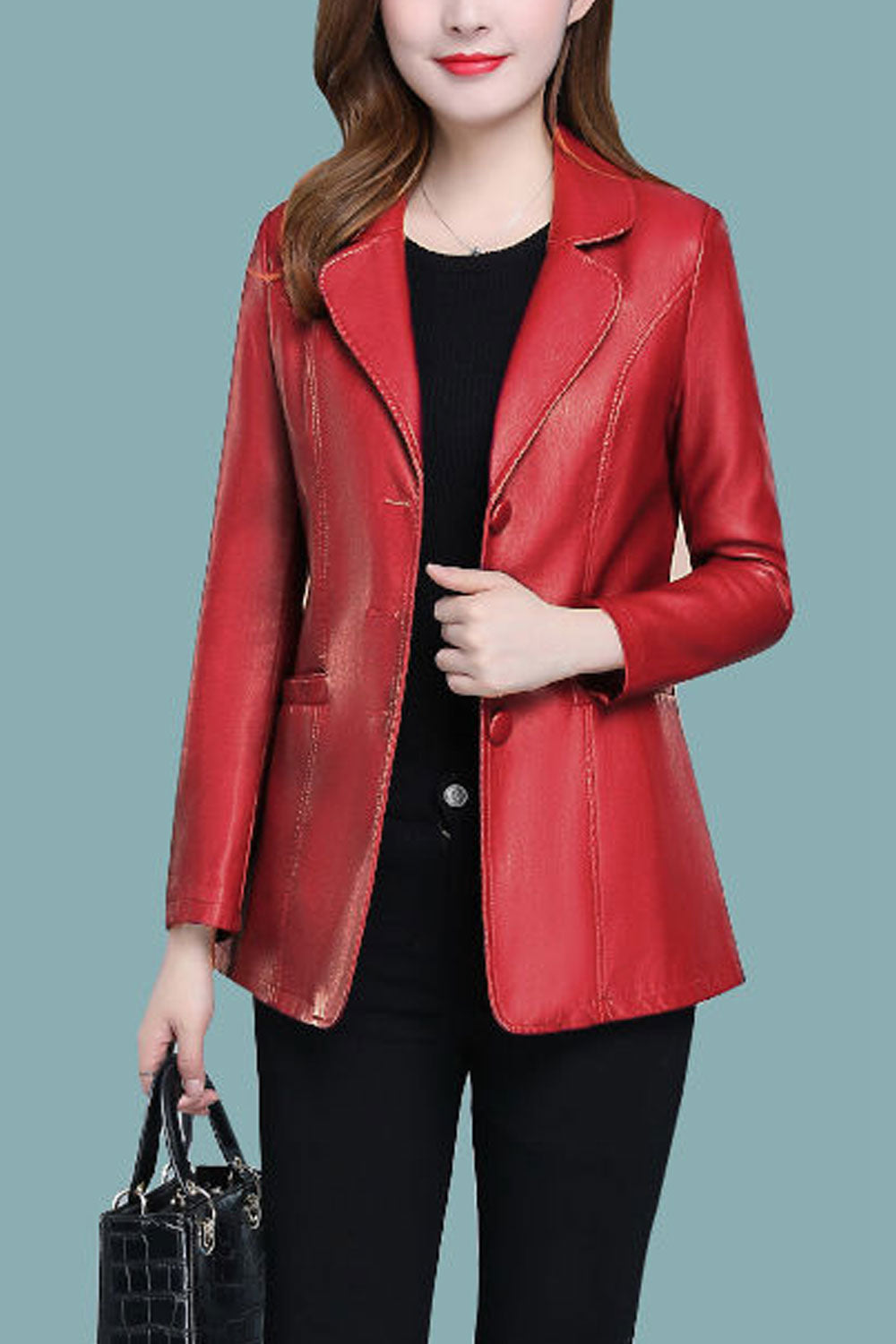 Women Attractive Shiny Colored Lapel Collar Neck Button Closure Winter Fashionable Leather Jacket