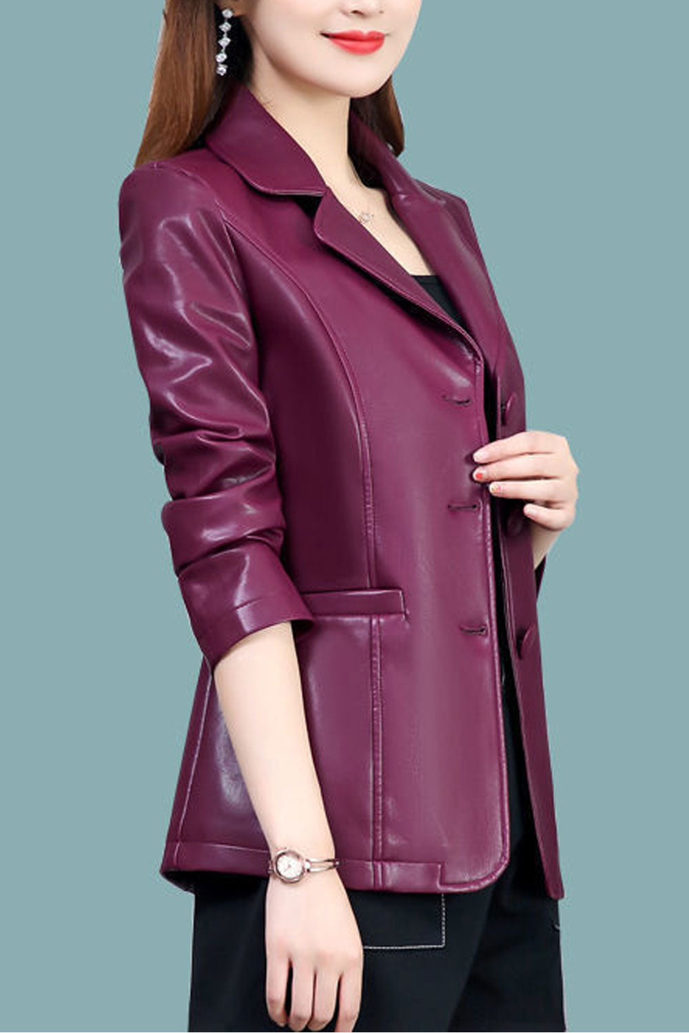 Women Attractive Shiny Colored Lapel Collar Neck Button Closure Winter Fashionable Leather Jacket