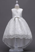 Kids Girls Alluring Bow Knoted Waist Lace Decorated Split Neck Beautiful Irregular Dress