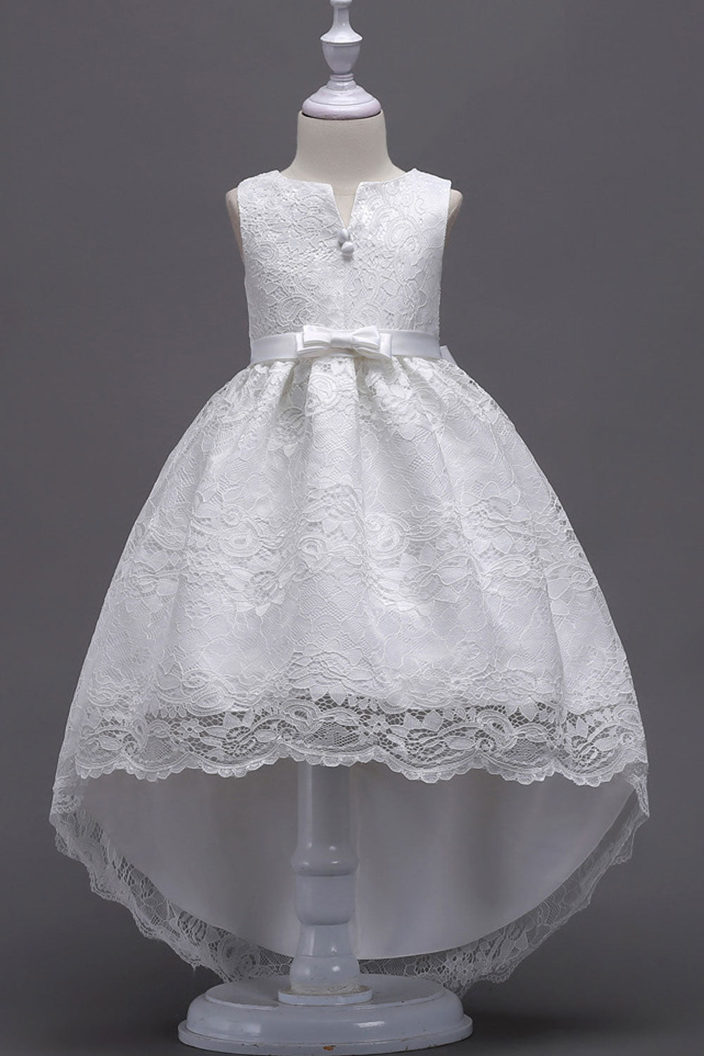 Kids Girls Alluring Bow Knoted Waist Lace Decorated Split Neck Beautiful Irregular Dress
