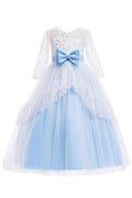 Kids Girls Outstanding Bow Knoted Waist Round Neck Floral Lace Decorated Beautiful Princess Dress
