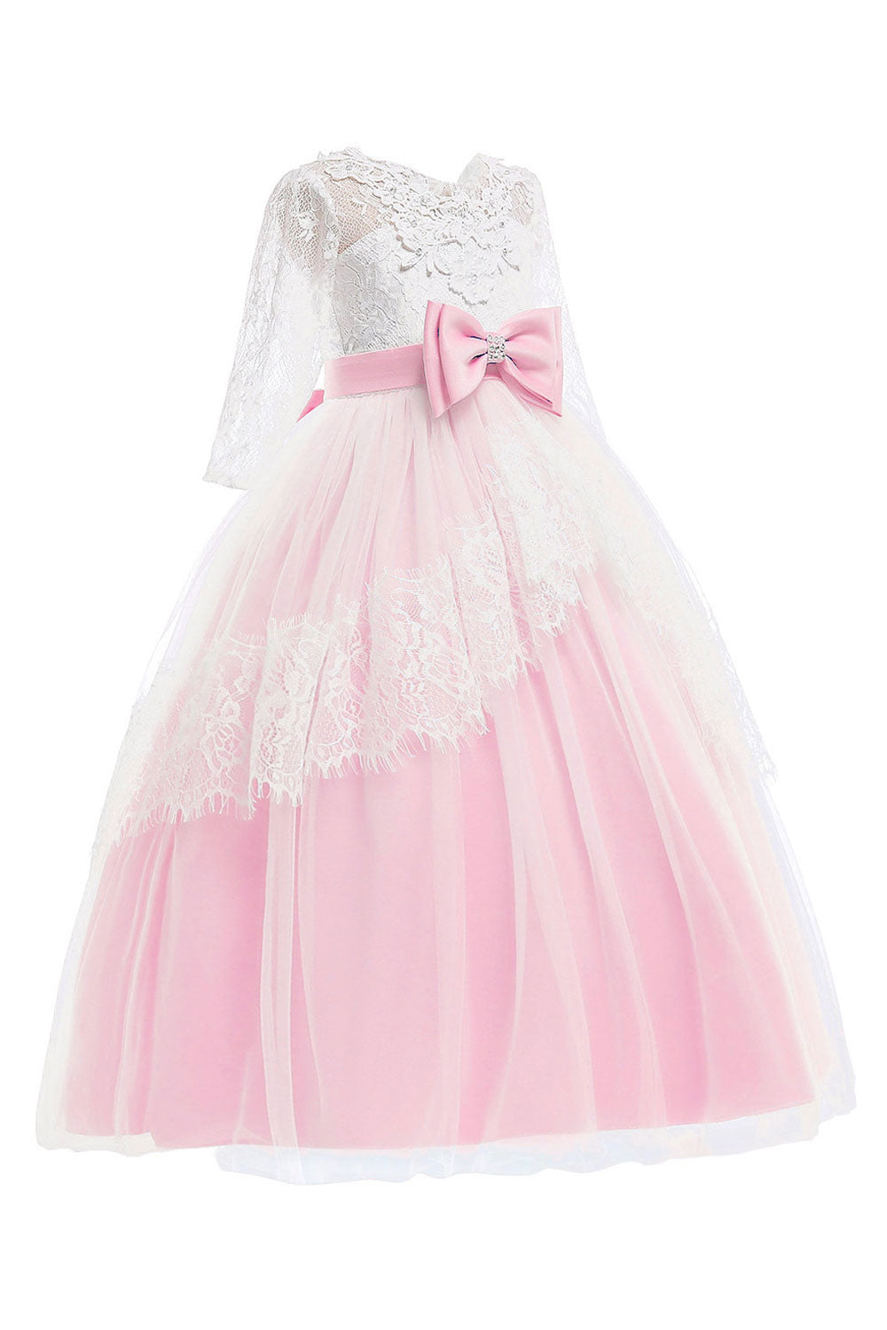 Kids Girls Outstanding Bow Knoted Waist Round Neck Floral Lace Decorated Beautiful Princess Dress