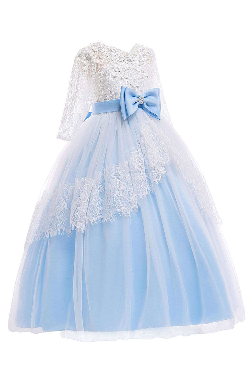 Kids Girls Outstanding Bow Knoted Waist Round Neck Floral Lace Decorated Beautiful Princess Dress
