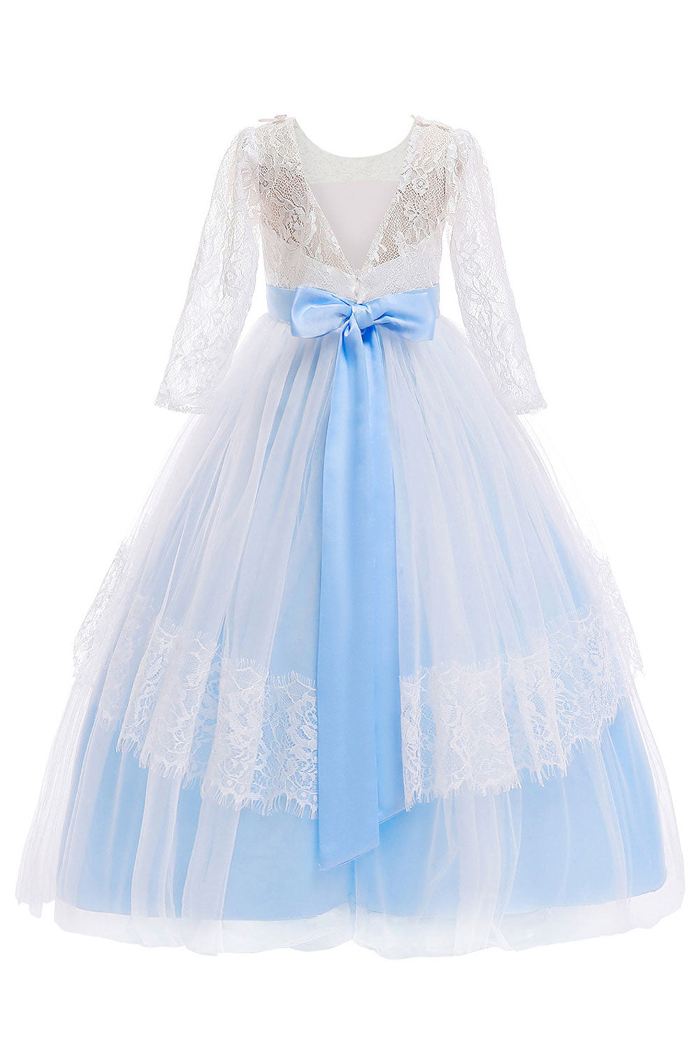 Kids Girls Outstanding Bow Knoted Waist Round Neck Floral Lace Decorated Beautiful Princess Dress