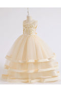Kids Girls Marvelous Floral Lace & Beads Decorated Round Neck Sleeveless Fabulous Princess Dress