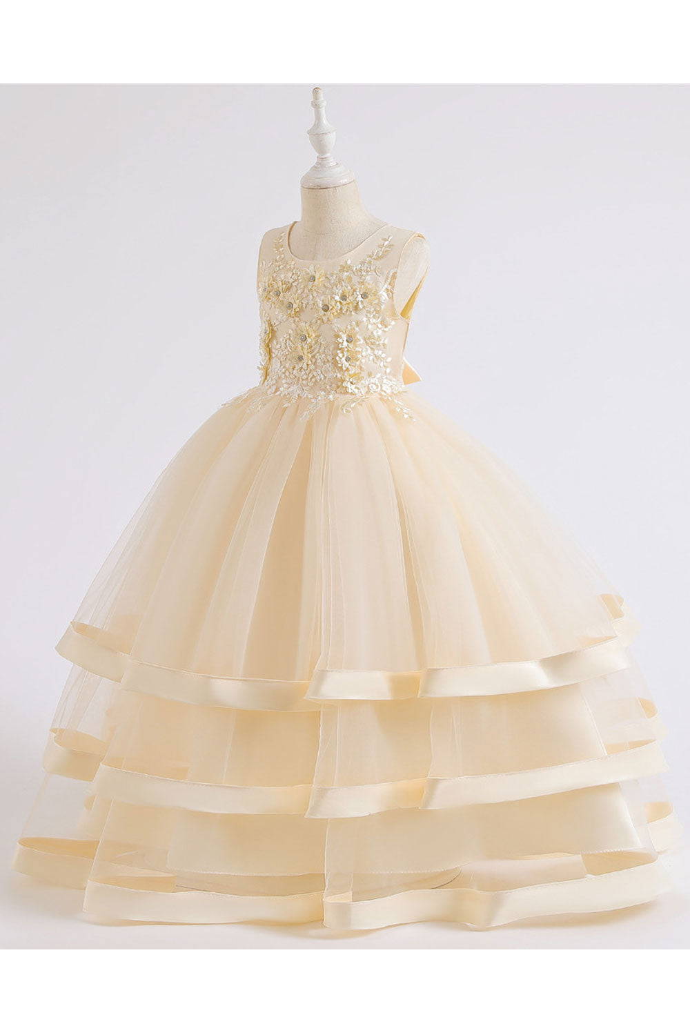 Kids Girls Marvelous Floral Lace & Beads Decorated Round Neck Sleeveless Fabulous Princess Dress