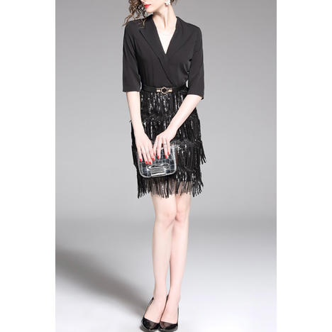 Women Tassel Decoration V-Neck Mini Dress