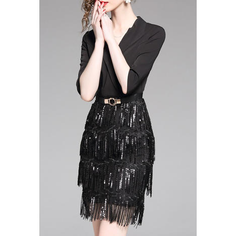 Women Tassel Decoration V-Neck Mini Dress