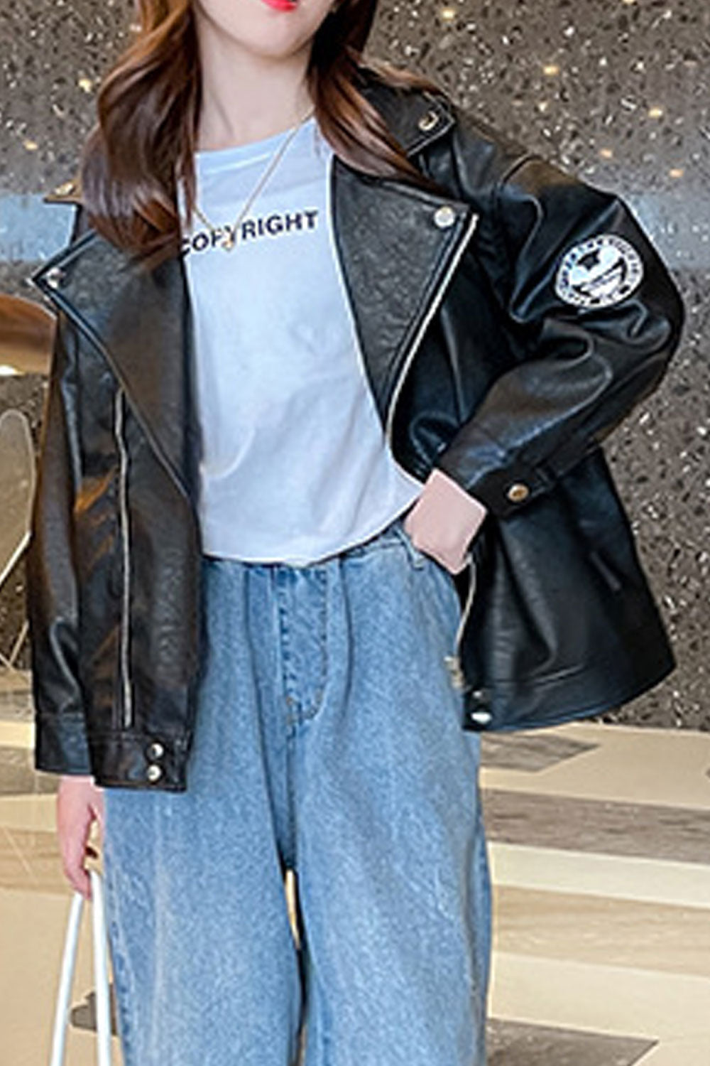 Kids Girl Fancy Lapel Collar & Front Zipper Winter Leather Jacket