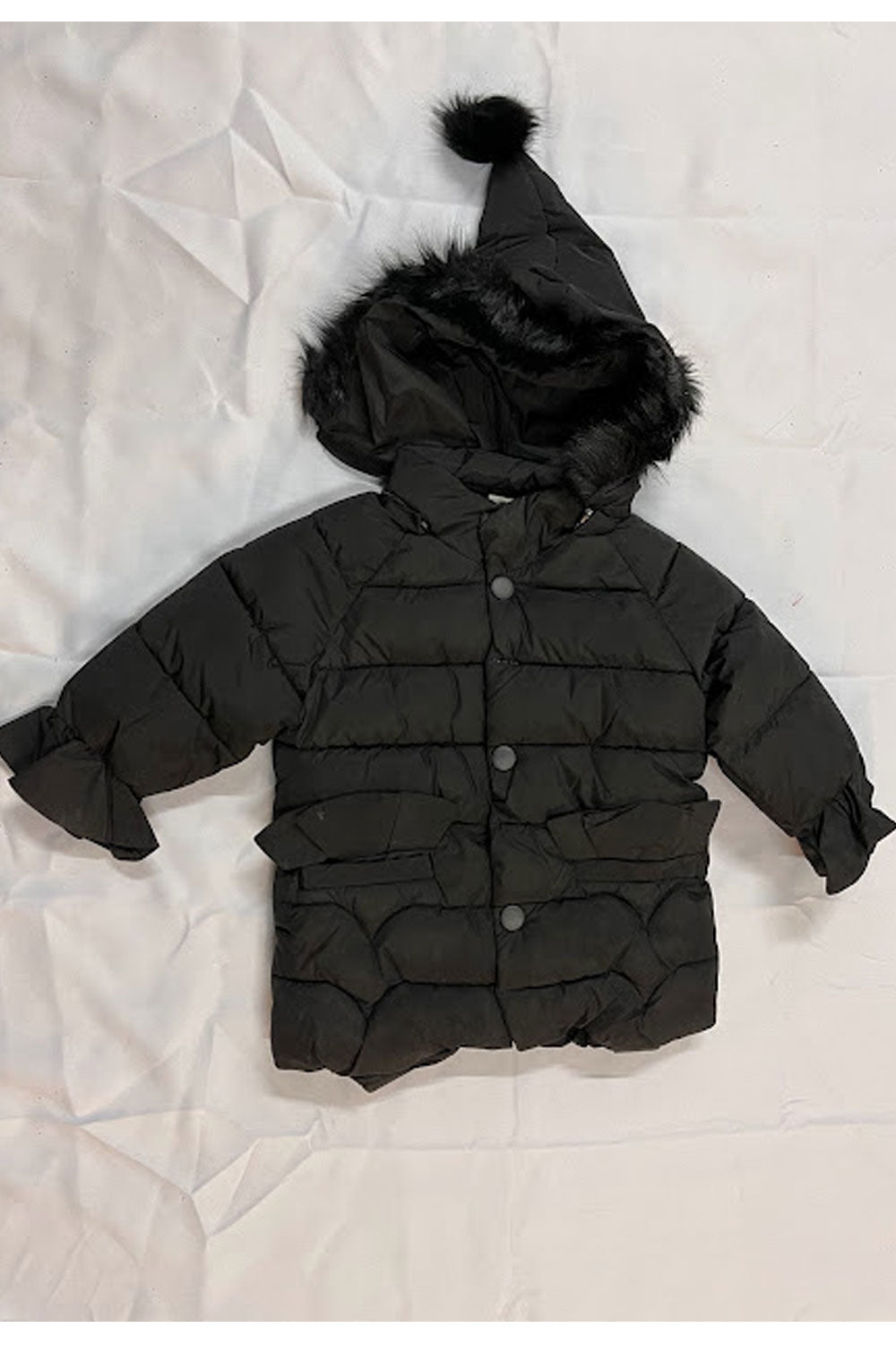 Kid Girl Fluffy Styled Hooded Neck Circular Flounce Sleeves & Pocket Buttoned Fastener Cozy Baffle Winter Padded Jacket