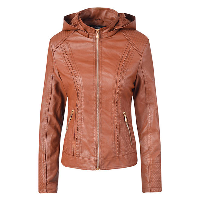 Women Classy Long Sleeve Hooded Slim Leather Jacket