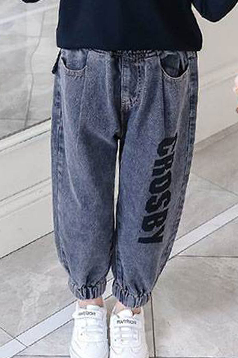 Kid Girl Soft Letter Patterned High Waist Stretchable Feet Loose Fit Jeans