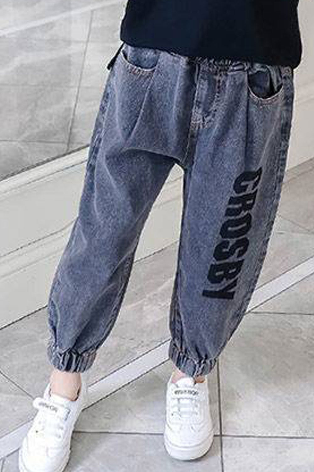 Kid Girl Soft Letter Patterned High Waist Stretchable Feet Loose Fit Jeans