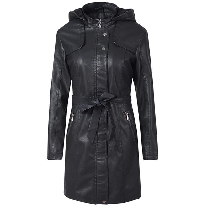 Women Classy PU Leather Long Sleeve Mid Length Zip Closure Thick Jacket