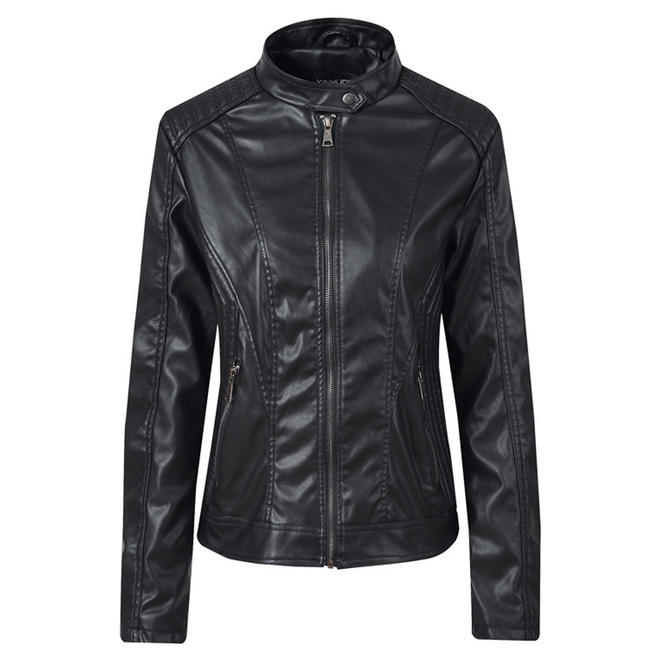 Women Charming Stand Collar Zipper Closure Leather Jacket