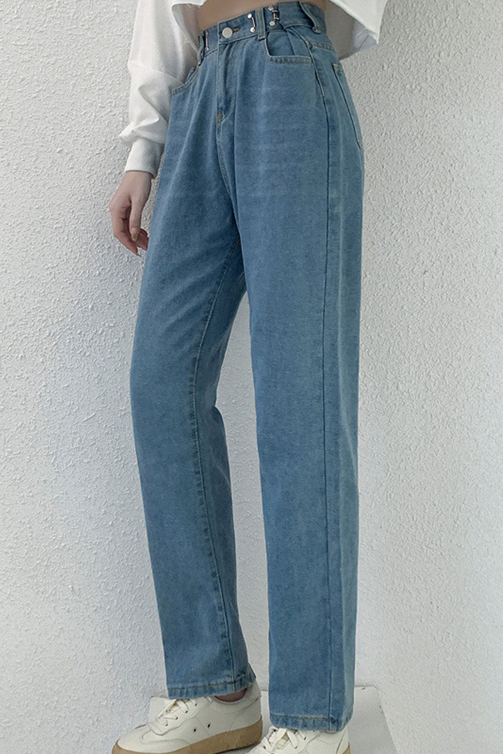 Women Button Closure High-Waist Restful Wide-Legs Trendy Solid Colored Summer Stretchable Denim Jeans